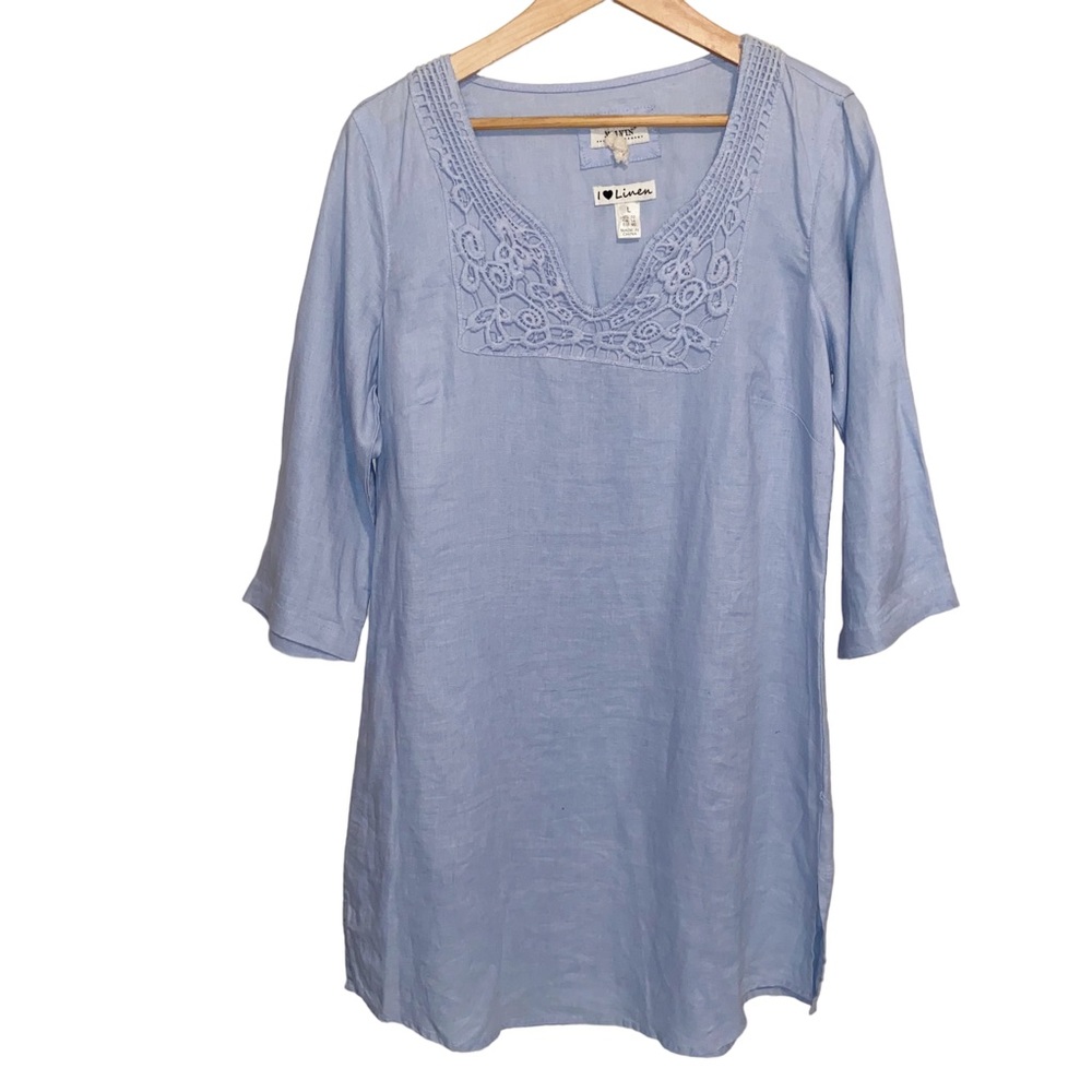 I Love Linen Malvin Tunic Dress Womens Size 10 100% Linen Blue Crochet Lagenlook